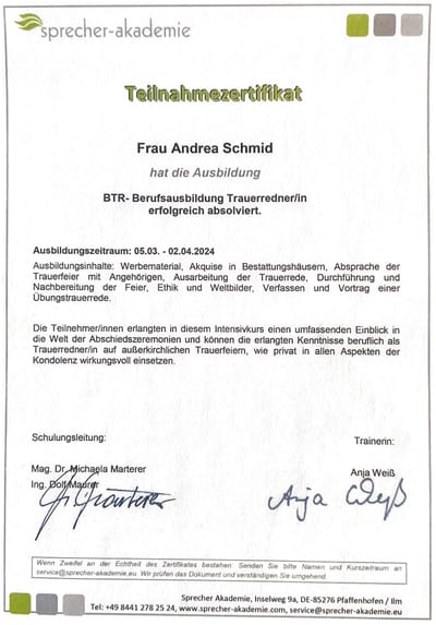 Teilnahmezertifikat der Sprecherakademie über die Berufsausbildung zur Trauerrednerin, ausgestellt für Andrea Schmid